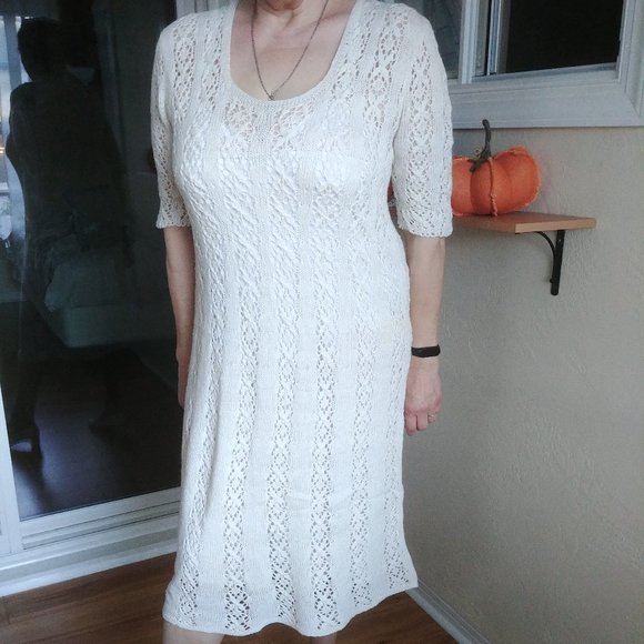 Long Knitted custom made dress size L  nude tan check VIDEO - Picture 4 of 15